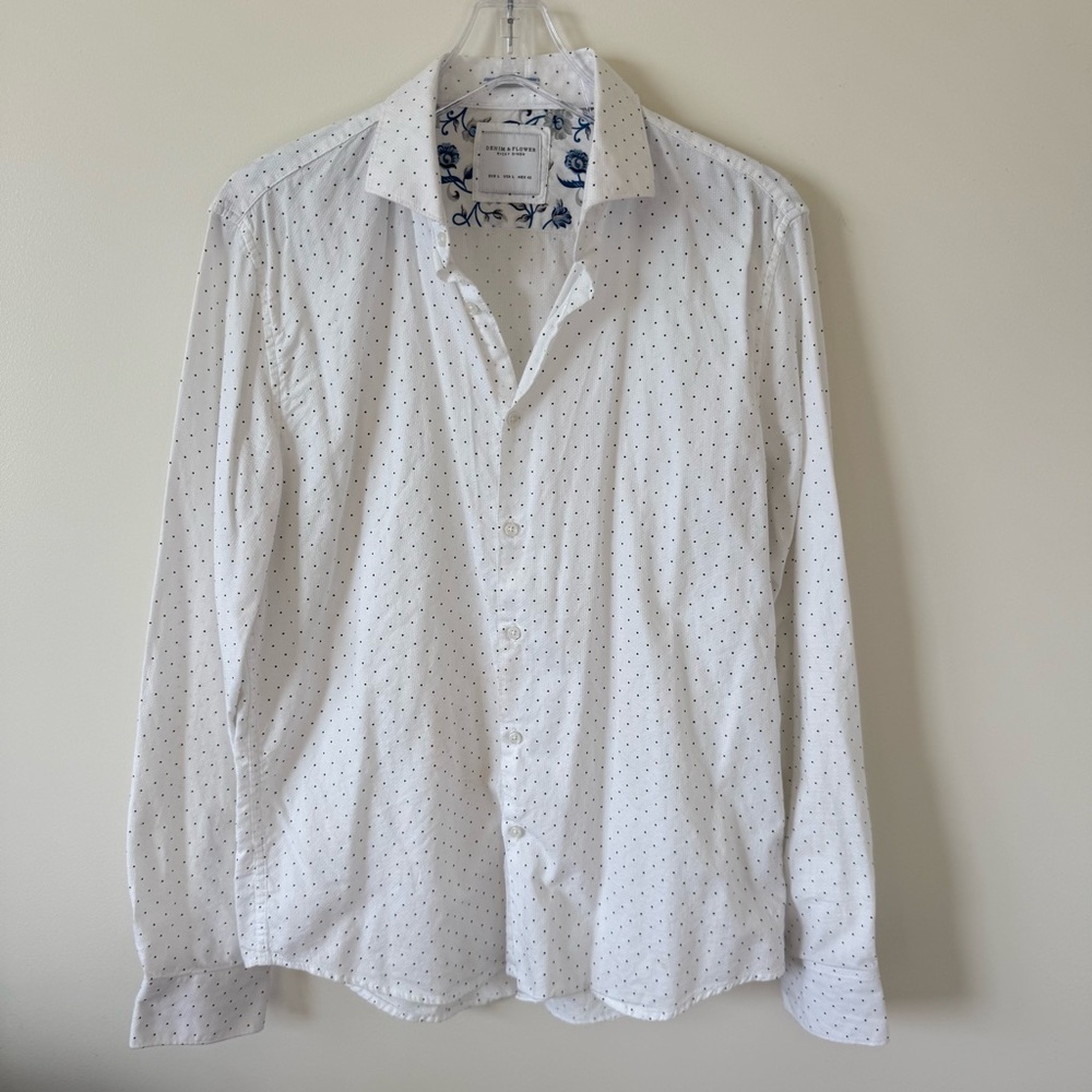 Denim and Flower White and Black Polka Dot Button-up Shirt Top Ricky Singh
